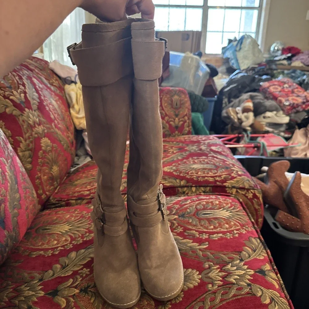 LOFT Womens Sz 6 Leather Brown Rugged Belted Knee High Boots